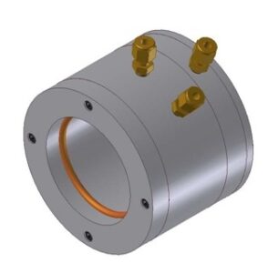 View of water cooled end cap showing water and gas connections